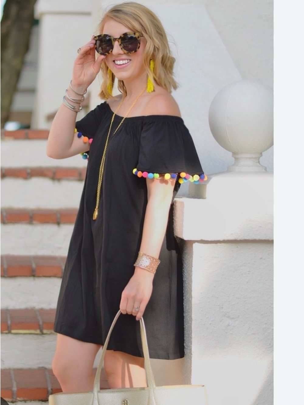 ASOS women’s Black Off the Shoulder Colorful Pom Pom Dress sz 6
